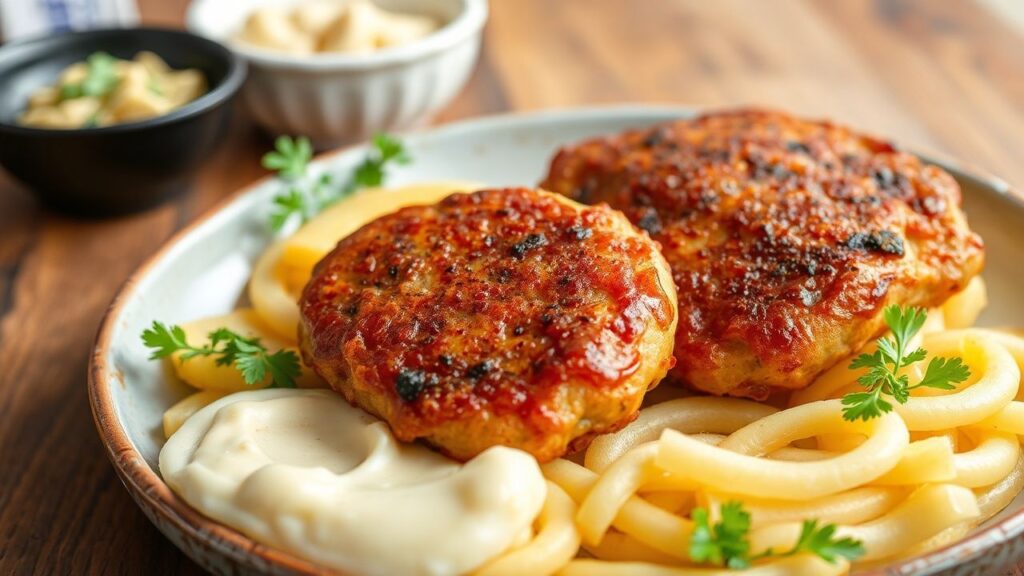 Pan-fried German frikadellen on a home-style plate