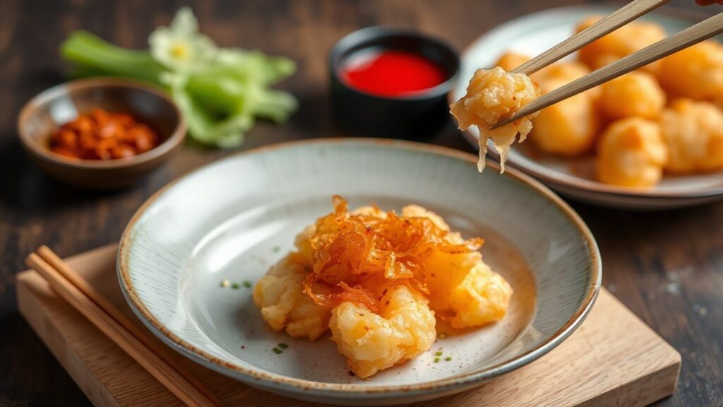 Crispy golden shrimp and vegetable tempura with a golden delight plating moment