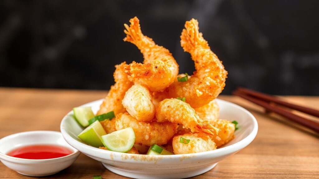 Golden crispy tempura shrimp and vegetables served as a fresh Japanese-inspired meal