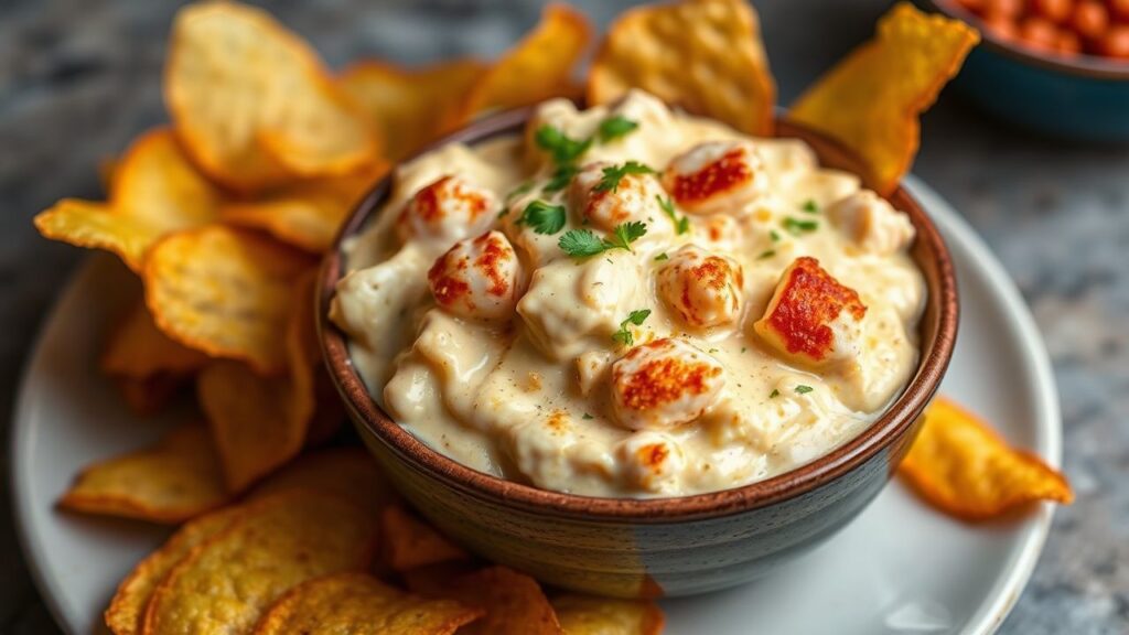 Hot and creamy crab rangoon dip with chips for dipping