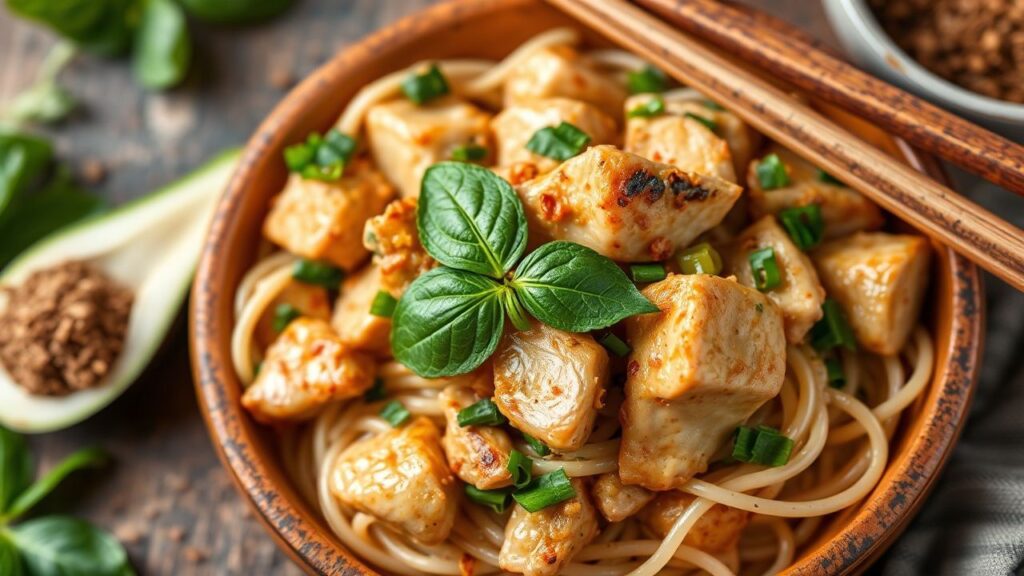 Thai basil chicken Pad Krapow Gai with garlic, chilies, and aromatic herbs.