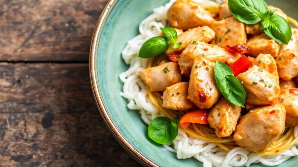 Pad Krapow Gai served with Thai basil, garlic, and chili flavors.