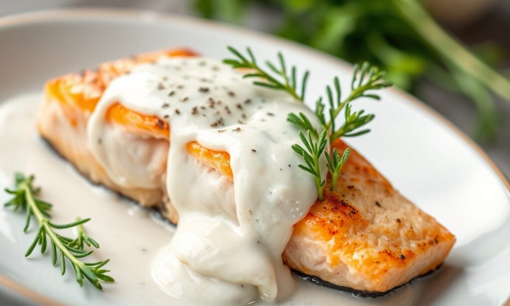 Keto salmon with creamy dill sauce: rich, low-carb dinner with fresh dill and lemon.