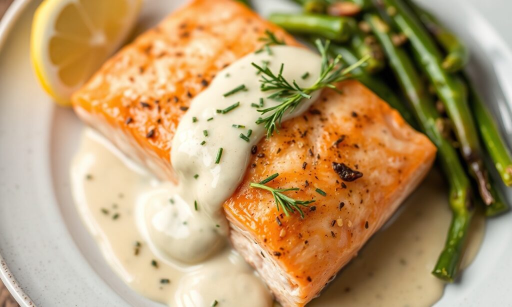 Baked or pan-seared keto salmon with thick dill sauce and lemon garnish.