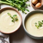 وعاء شوربة كريمية البطاطا والكراث المخملية، مع مكونات طازجة، دافئة ومريحة