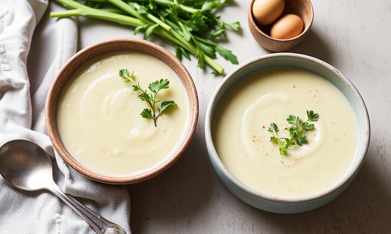 وعاء شوربة كريمية البطاطا والكراث المخملية، مع مكونات طازجة، دافئة ومريحة