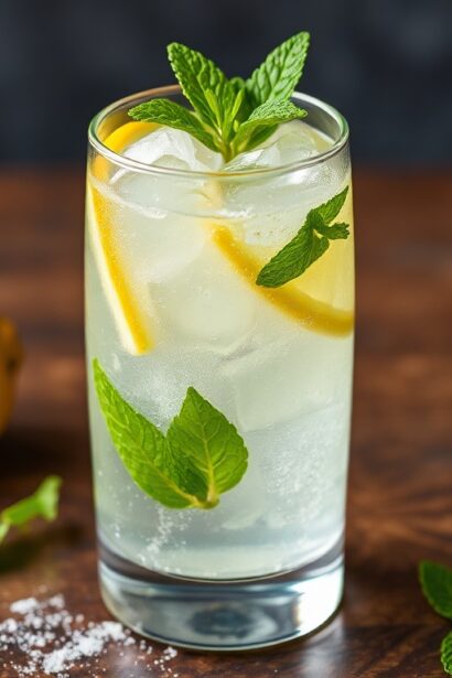 Glass of yuzu lemonade with sparkling bubbles, mint leaves, and fresh lemon zest garnish.