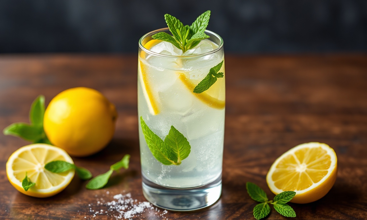 Glass of yuzu lemonade with sparkling bubbles, mint leaves, and fresh lemon zest garnish.