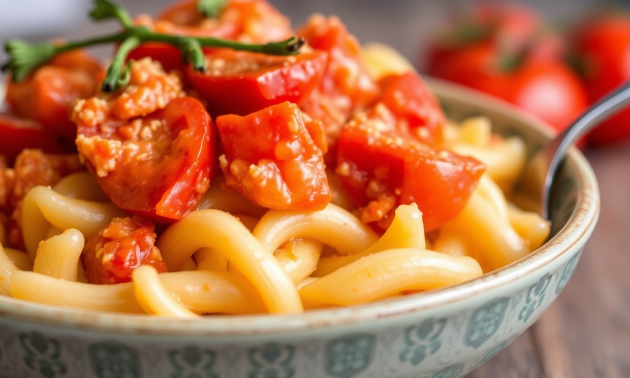 وعاء مكرونة كريمية مع طماطم طازجة، دليل “Creamy Macaroni and Tomatoes Guide” لوجبة مثالية.