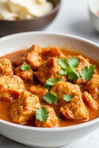 دجاج كاري كاجو طماطم مخملي بلمسة تيكا ماسالا، يقدم مع أرز.
