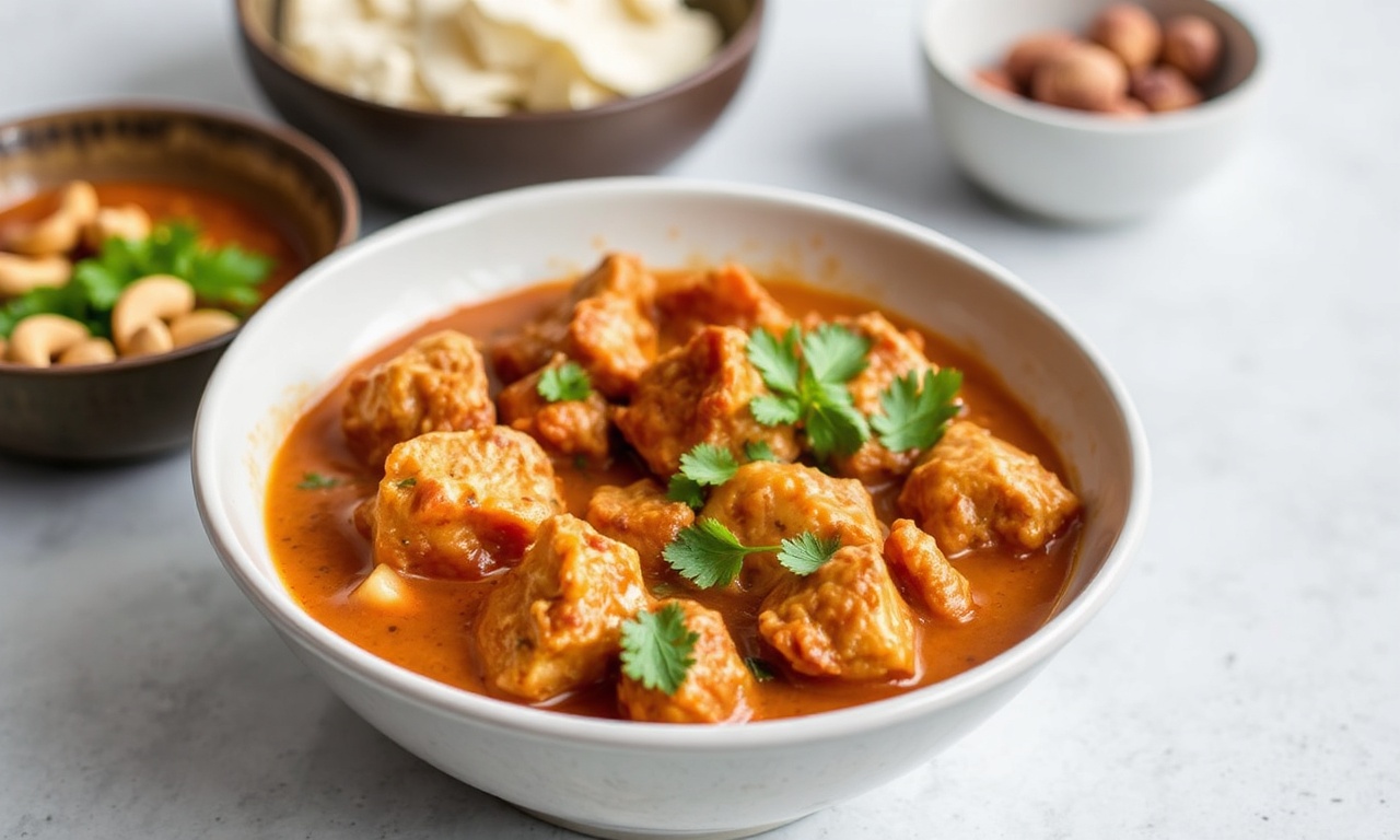 دجاج كاري كاجو طماطم مخملي بلمسة تيكا ماسالا، يقدم مع أرز.