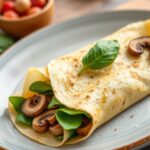 كريب مالح محشي بالفطر والسبانخ، مغطى بصلصة كريمية—وصف شهّي يبرز نكهة .