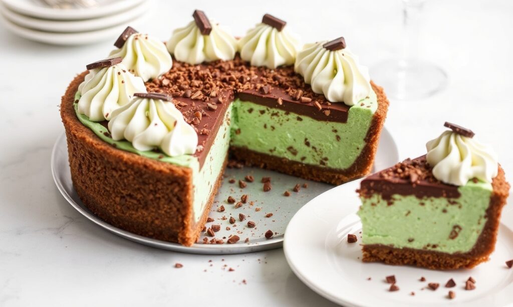 استمتع بـ Grasshopper Pie بنكهة الشوكولاتة بالنعناع، طبقات كريمية تثير السكينة بنكهة الماضي.