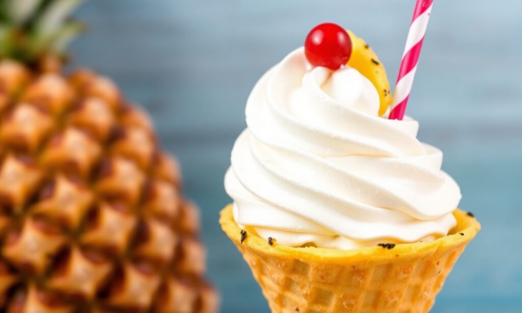Homemade Disney-inspired Pineapple Dole Whip in a bowl with a tropical vibe