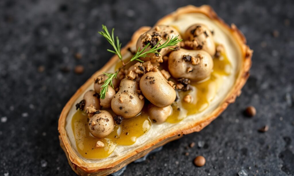 Mushroom and truffle oil crostini with earthy-gold details; rustic elegance on toasted bread