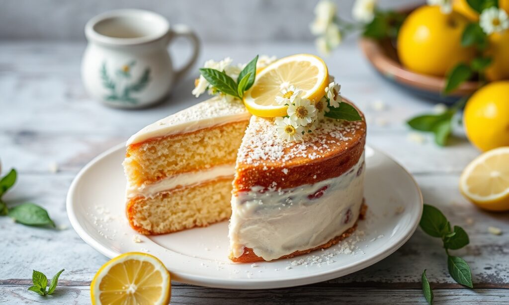 Zesty lemon and elderflower cake decorated with vibrant floral citrus details
