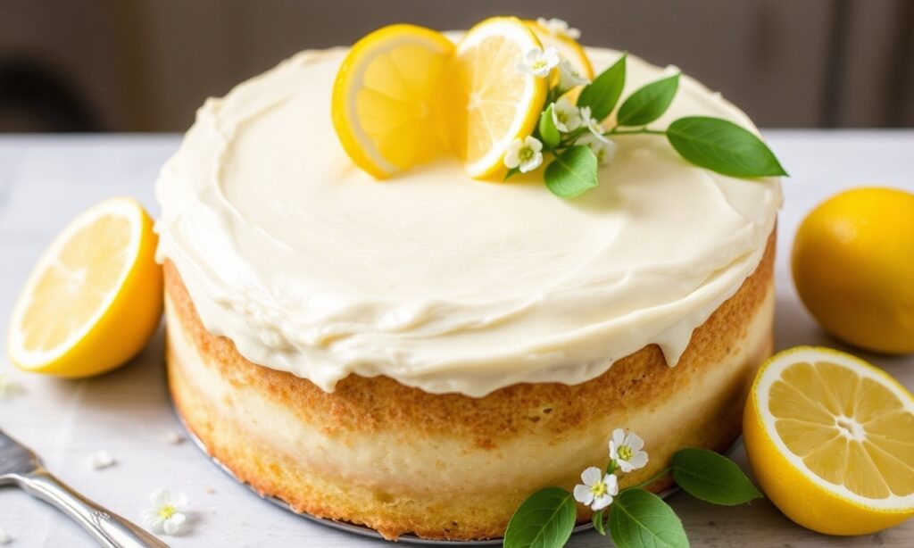 Floral citrus lemon and elderflower cake close-up with fresh garnish