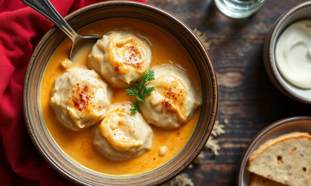 Creamy paprika chicken with tender dumplings served in a warm pot for cozy comfort.