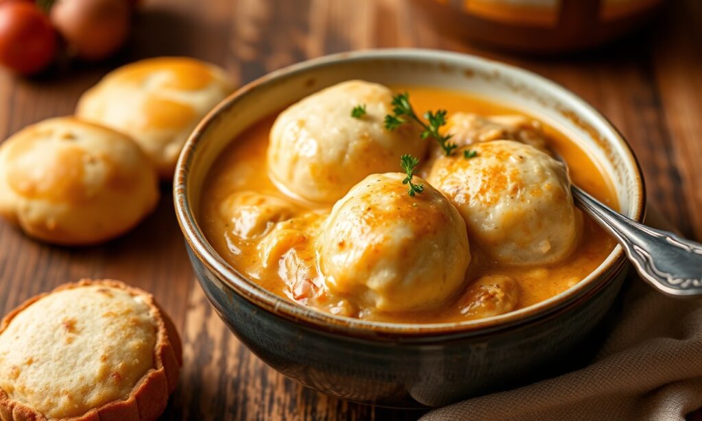 A hearty bowl of creamy paprika chicken and dumplings with parsley garnish, ideal for cold evenings.