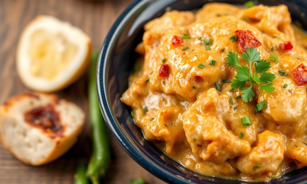 creamy ranch chicken cooked in a slow cooker, tender and flavorful
