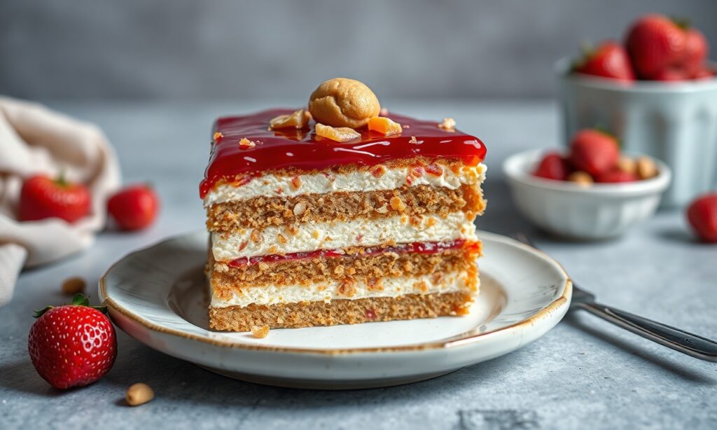 Peanut butter and jelly layer cake with neat jelly stripes and creamy frosting