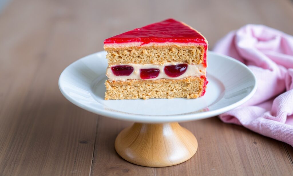 Peanut butter and jelly layer cake plated for serving with a nostalgic flavor vibe