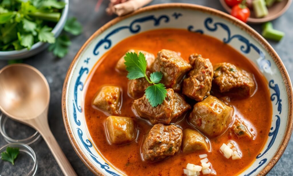 Creamy Thai Massaman beef curry with spices served with rice