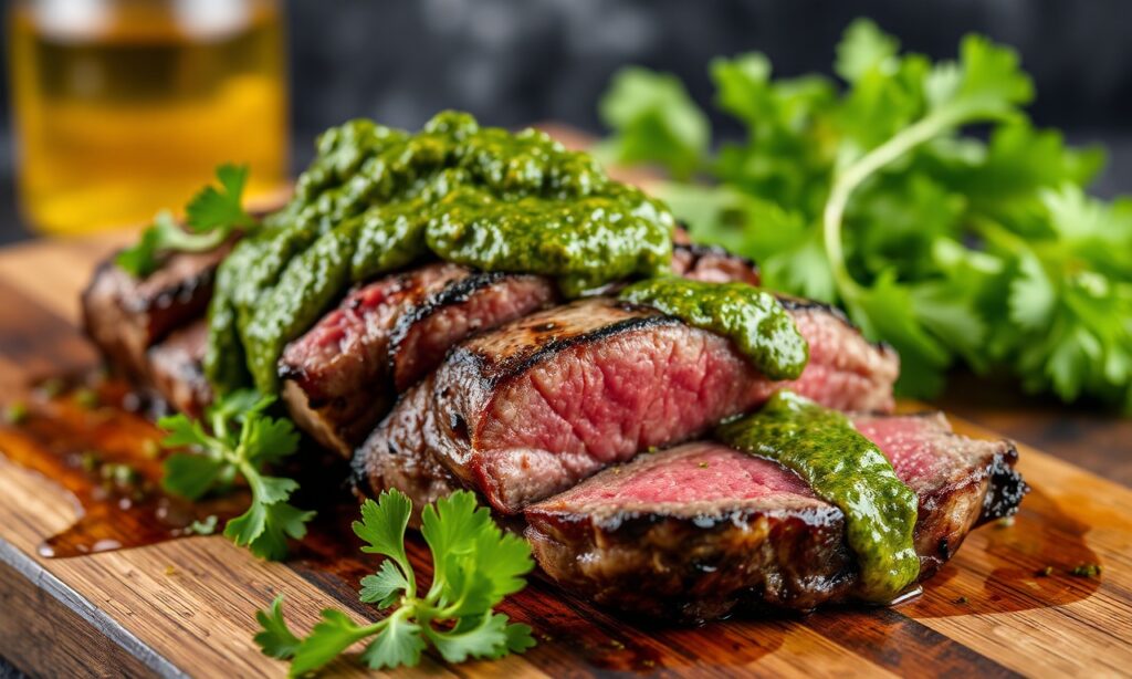 Grilled flank steak topped with zesty chimichurri, bright herbs and charred edges