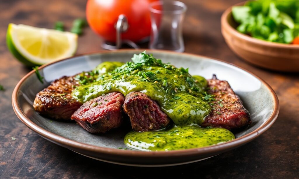 Sliced grilled flank steak with zesty chimichurri sauce on a plate
