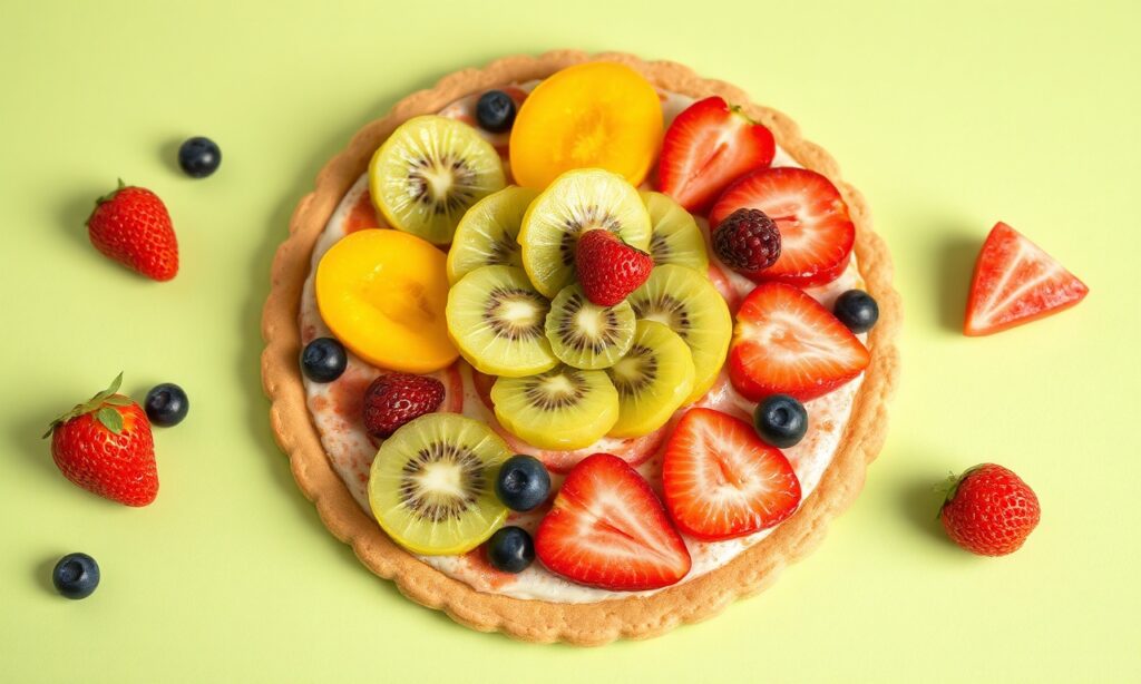 Fruit pizza on a sugar cookie crust with vibrant fruit toppings, sweet and colorful, inviting you to take one more slice.