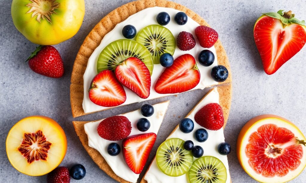 A vibrant fruit pizza on a sugar cookie crust with colorful fruit arranged in an eye-catching pattern, ready to slice and serve.