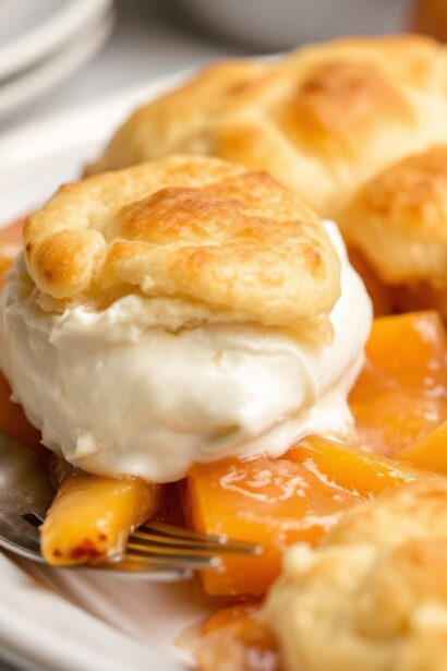 Irresistible Southern peach cobbler with fluffy biscuit topping.