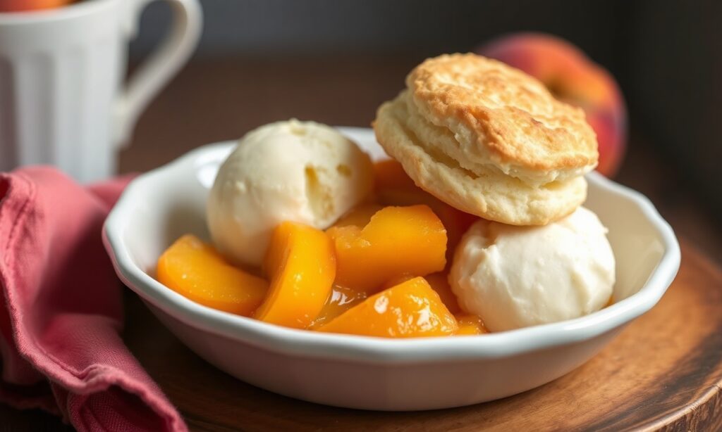 Irresistible Southern peach cobbler with fluffy biscuit topping.