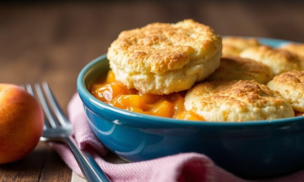 Irresistible Southern peach cobbler with fluffy biscuit topping.