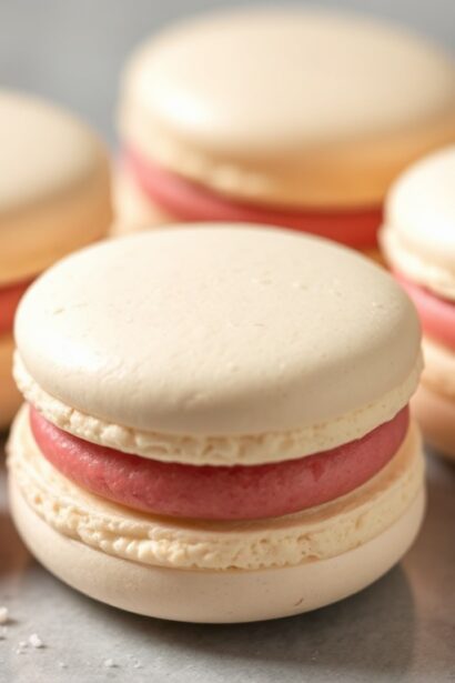 Perfectly light almond meringue macarons with raspberry bliss filling.