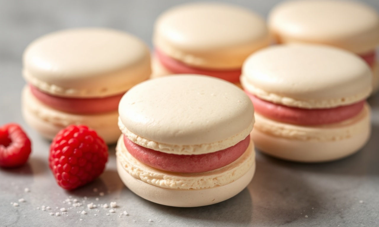 Perfectly light almond meringue macarons with raspberry bliss filling.