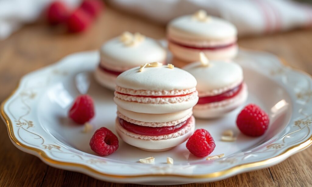 Perfectly light almond meringue macarons with vibrant raspberry filling.