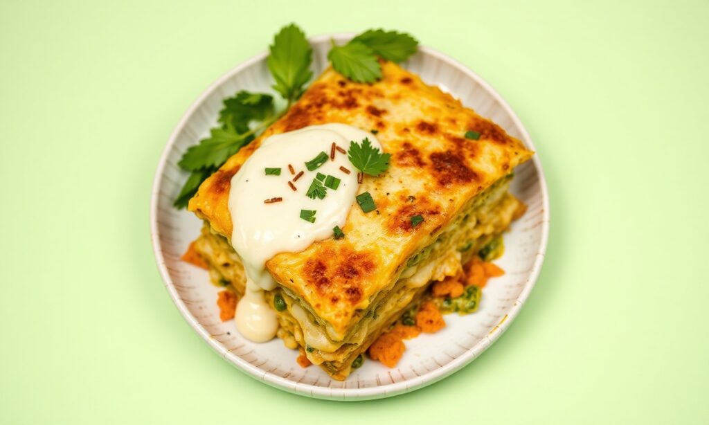 Irresistible Vegan green curry lasagna with coconut béchamel.