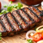 Juicy grilled meat with fresh tomato and onion salad.