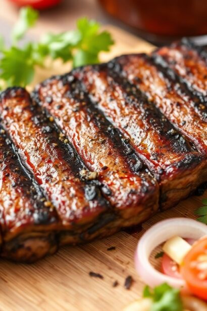 Juicy grilled meat with fresh tomato and onion salad.