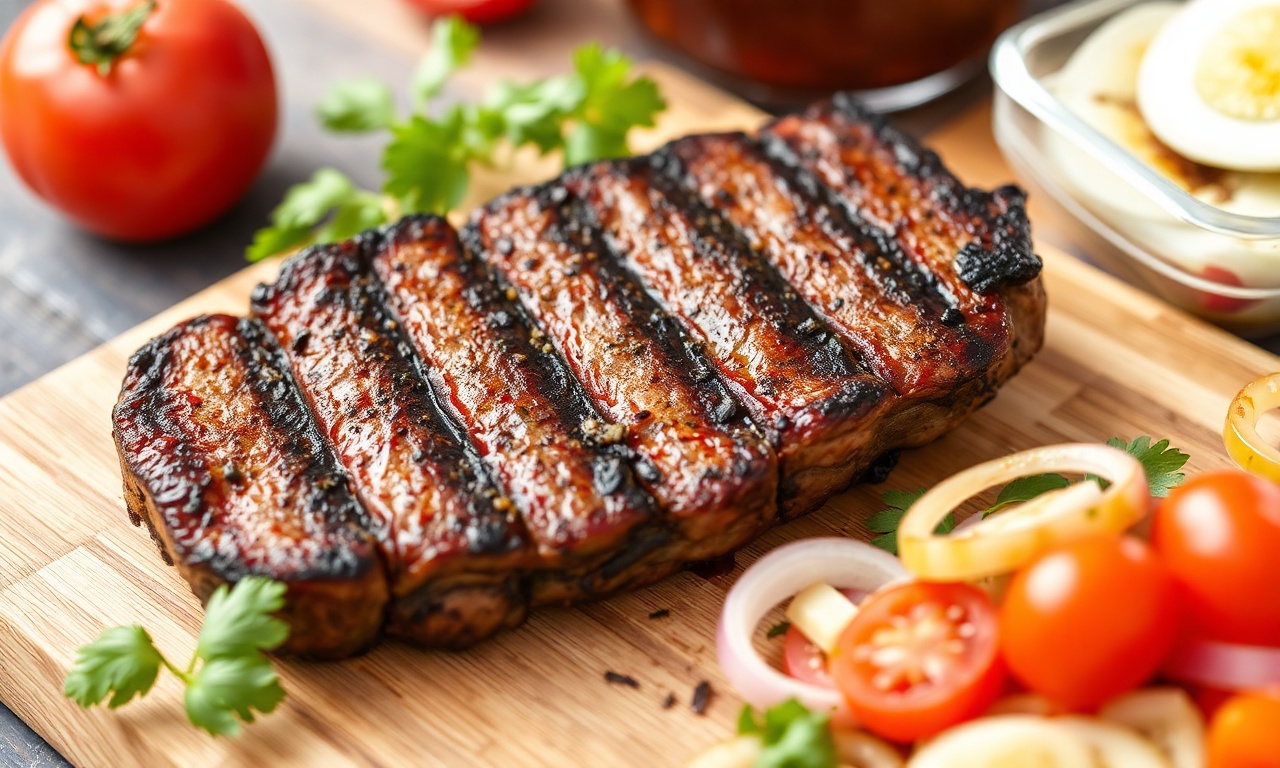 Juicy grilled meat with fresh tomato and onion salad.