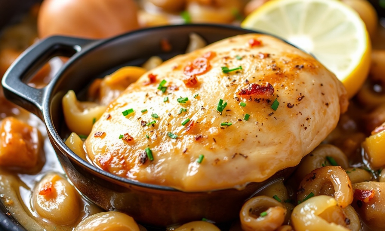 Savory French onion chicken skillet, quick and easy recipe.