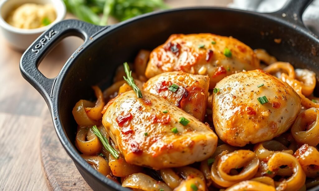 Savory French onion chicken skillet, caramelized onions, quick weeknight meal.