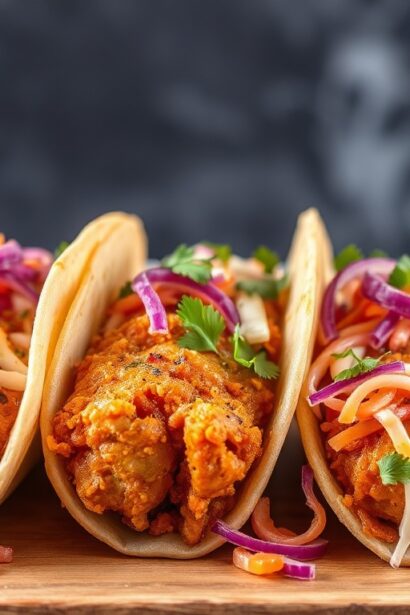 Korean fried chicken tacos with spicy kimchi slaw.