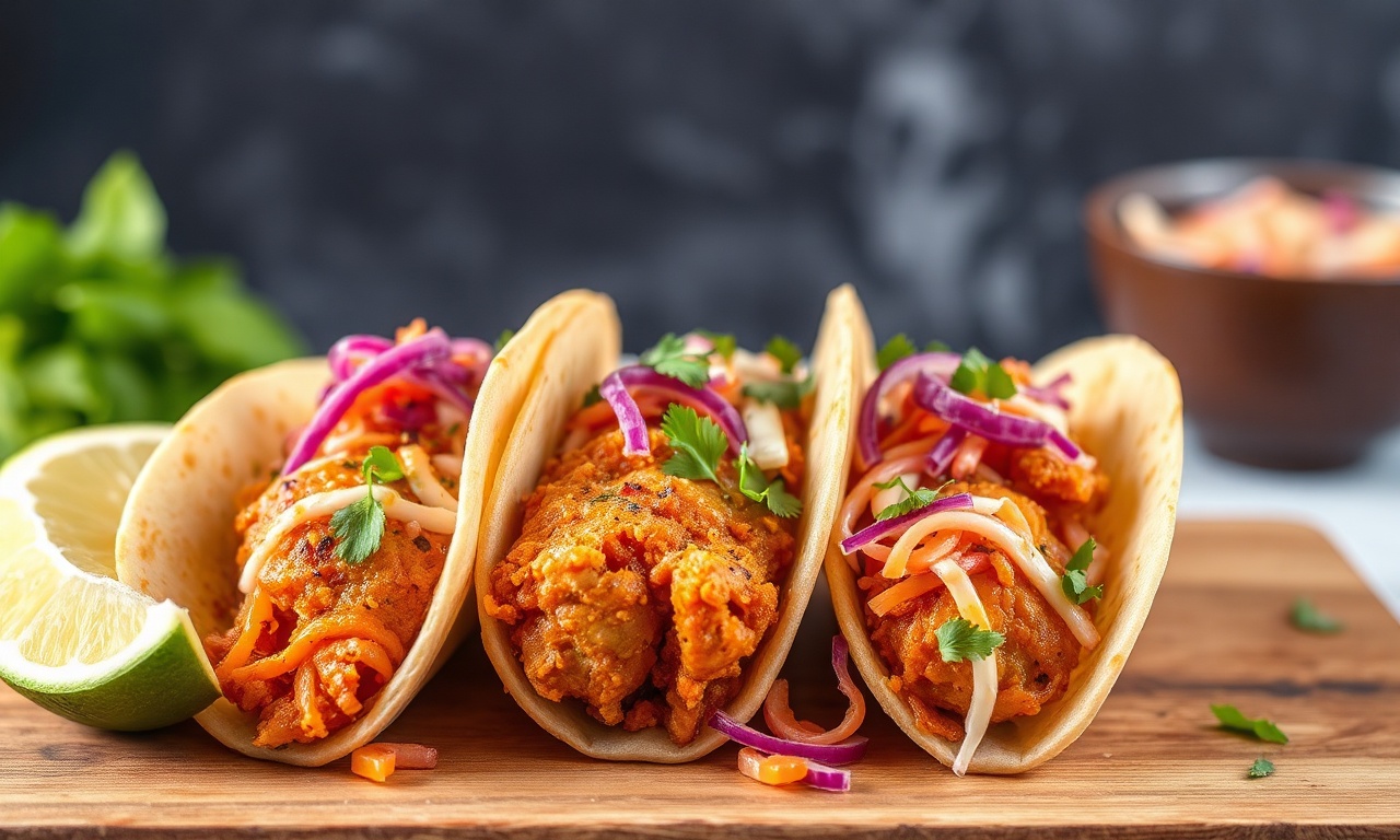 Korean fried chicken tacos with spicy kimchi slaw.