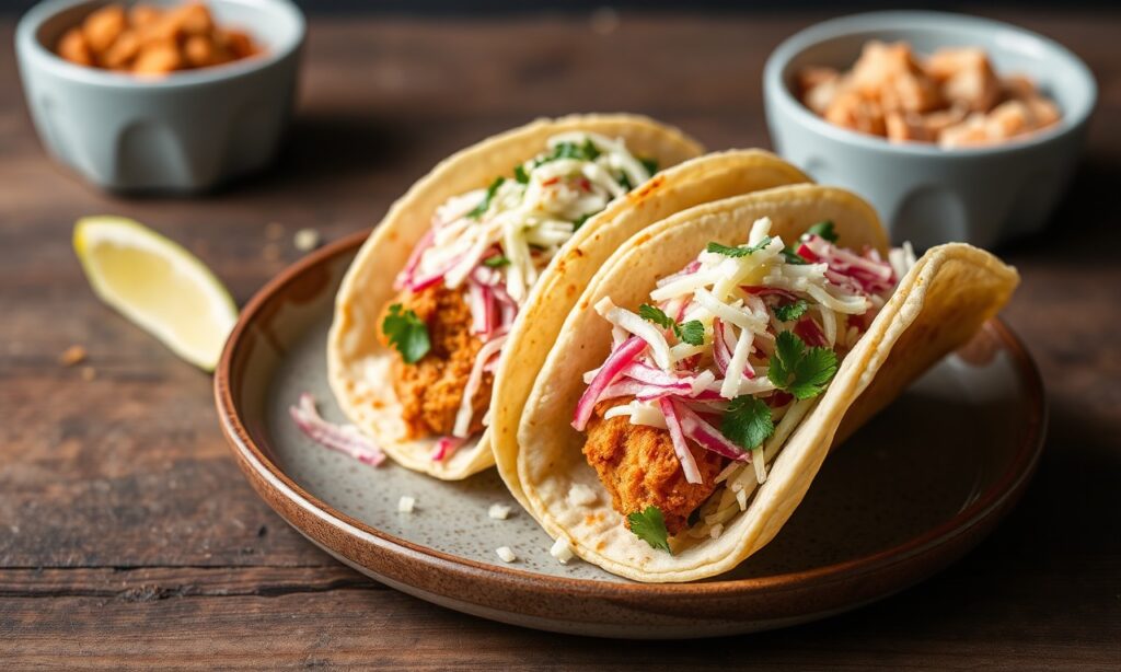 Spicy Korean fried chicken tacos with kimchi slaw, a flavorful delight.