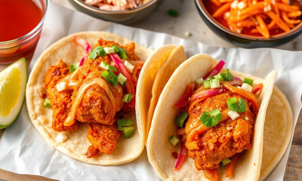 Korean fried chicken tacos with spicy kimchi slaw.