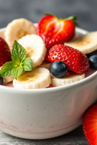 Protein-packed strawberry banana bowl for an energizing morning meal.