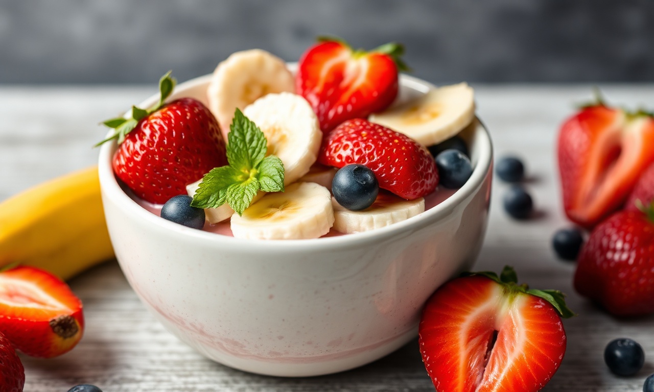 Protein-packed strawberry banana bowl for an energizing morning meal.