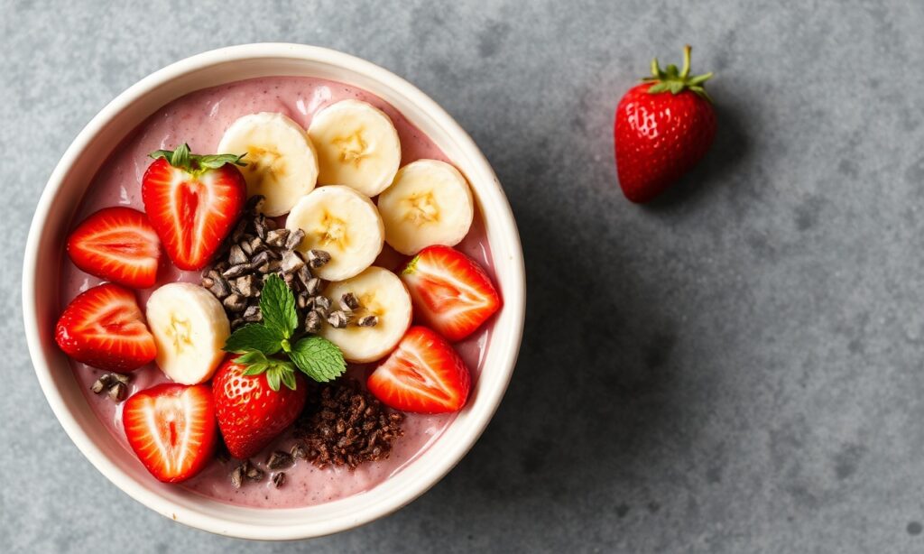 Protein-packed strawberry banana bowl for an energizing morning.